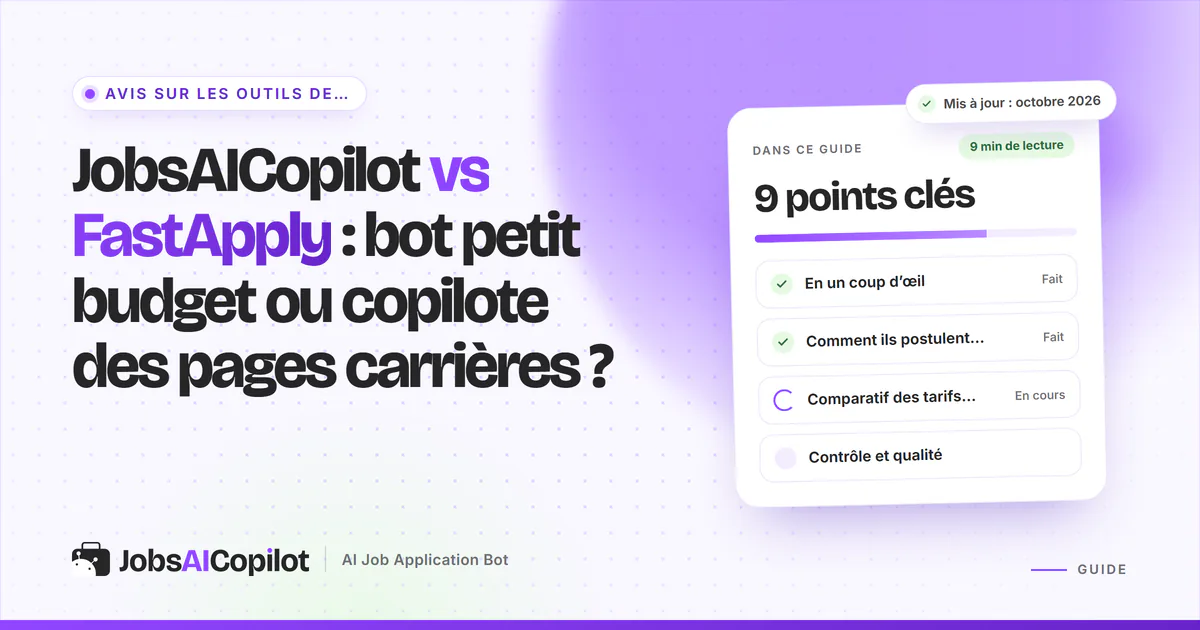 JobsAICopilot vs FastApply : panneau d’extension de navigateur à côté d’une file de candidatures sur pages carrières