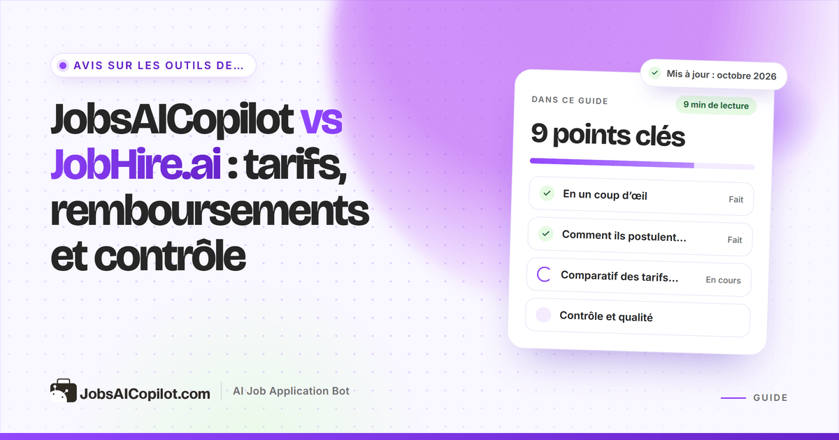 Comparatif JobsAICopilot vs JobHire.ai : prix publiés ou non, conditions de remboursement et limites quotidiennes