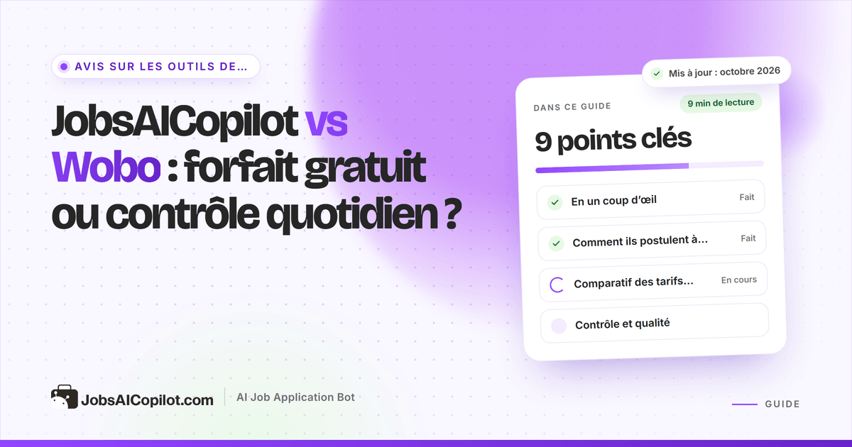 Comparatif JobsAICopilot vs Wobo : cartes à swiper pour postuler à côté d’une file de candidatures avec validation