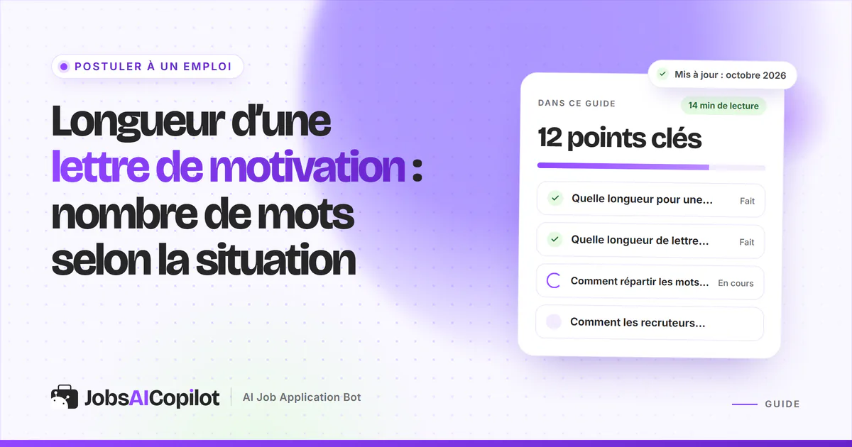 Longueur d’une lettre de motivation : une lettre d’une page annotée 250 à 400 mots sur une couverture violette JobsAICopilot