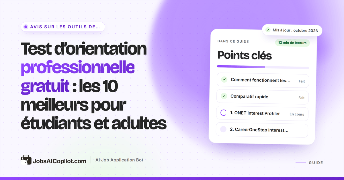 Étudiant passant un test d’orientation professionnelle en ligne, avec résultats RIASEC et métiers correspondants à l’écran