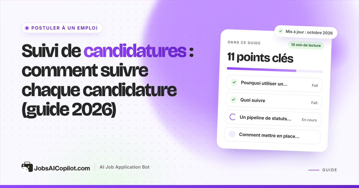 Tableau de suivi de candidatures : offres enregistrées, envoyées, entretiens, propositions, contacts et dates de relance