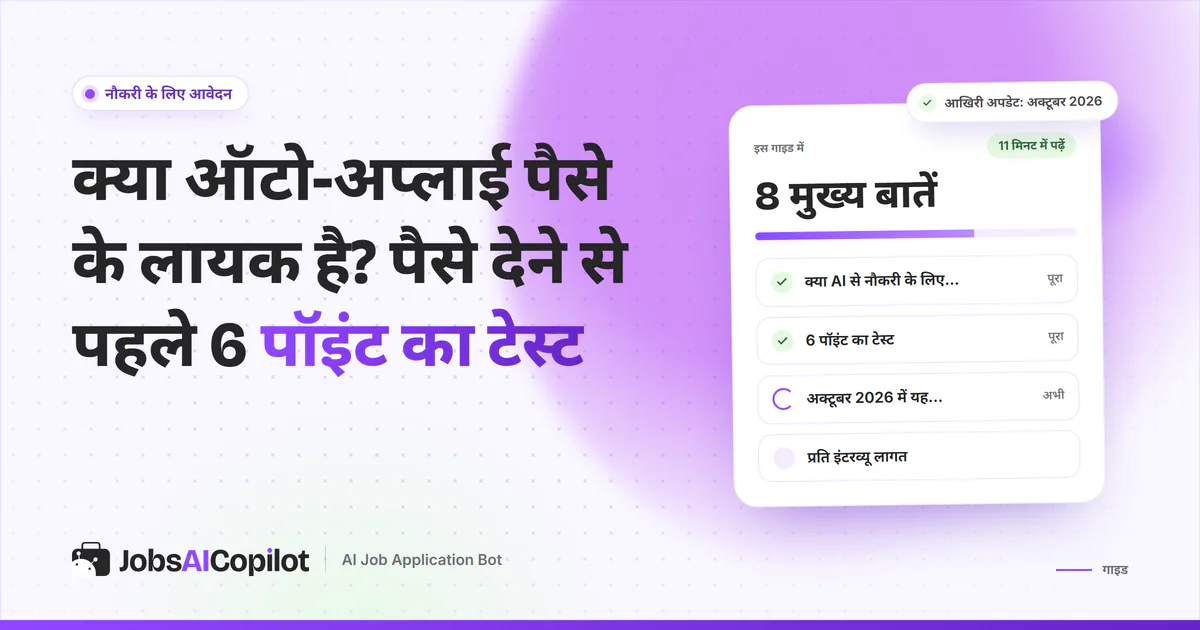 “क्या ऑटो-अप्लाई पैसे के लायक है” गाइड का कवर: क्या AI आवेदन काम करते हैं, 6 पॉइंट टेस्ट और प्रति इंटरव्यू लागत