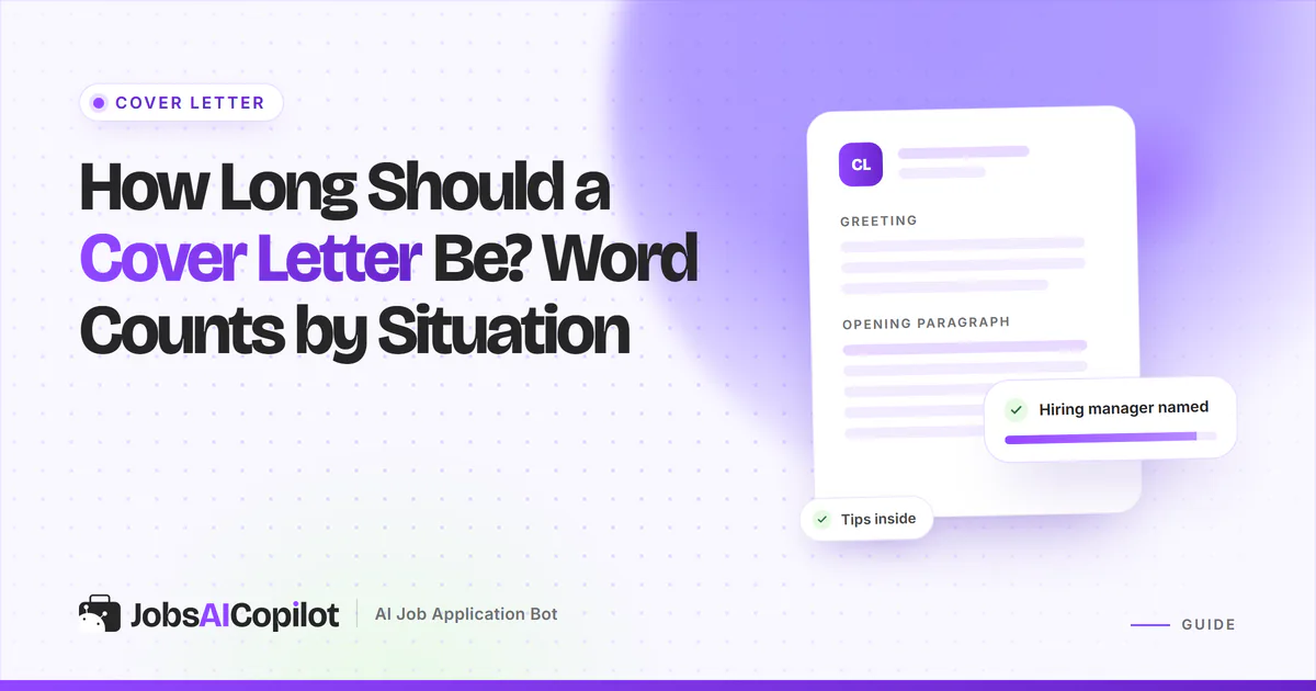How long should a cover letter be: a one-page letter marked 250 to 400 words on a violet JobsAICopilot cover