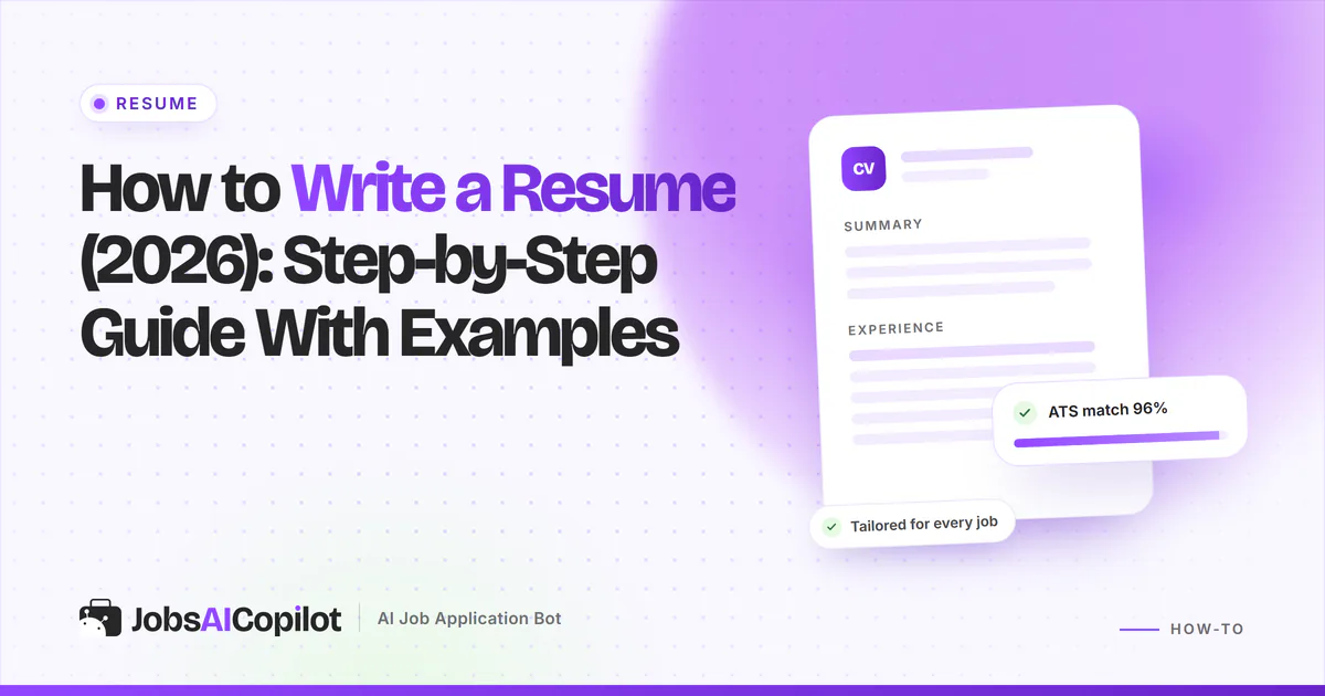 How to write a resume: a clean single-column resume with sections highlighted on a violet cover