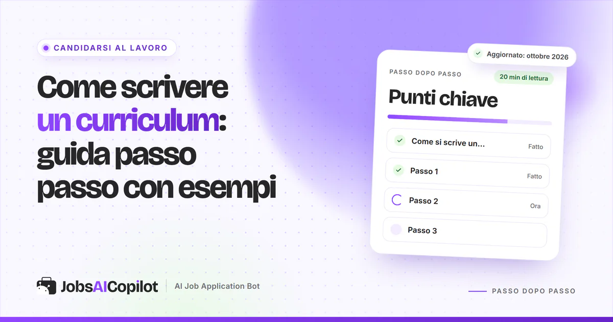Come scrivere un curriculum: CV a colonna singola con le sezioni evidenziate su sfondo viola