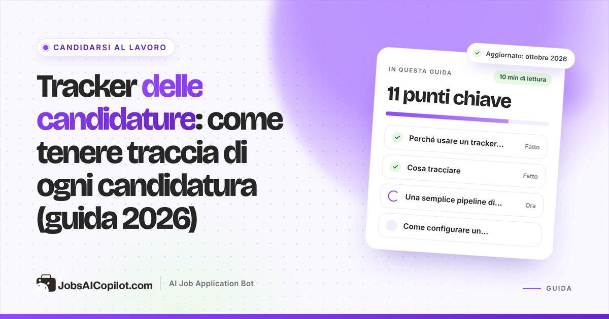 Tracker delle candidature con fasi salvata, inviata, colloquio e offerta, contatti e date per i follow-up