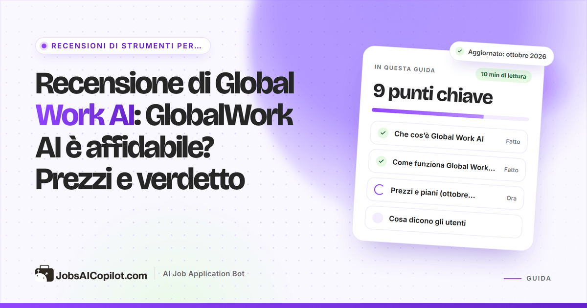 Copertina della recensione di Global Work AI: «GlobalWork AI è affidabile?» accanto a una checklist di prezzi e verdetto