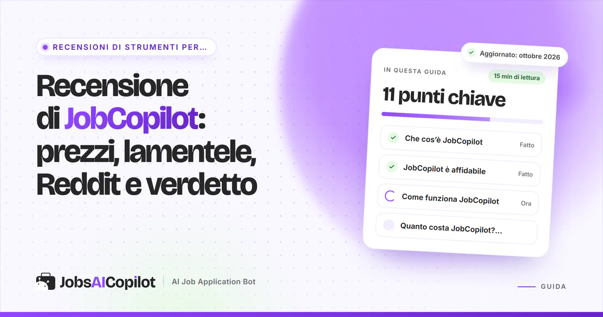 Copertina della recensione di JobCopilot: prezzi, lamentele, Reddit e verdetto accanto a una checklist