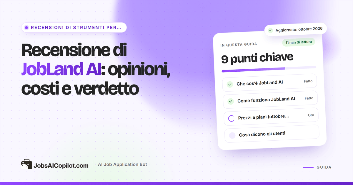 Copertina della recensione di JobLand AI: opinioni, costi e se conviene, accanto a una checklist del verdetto
