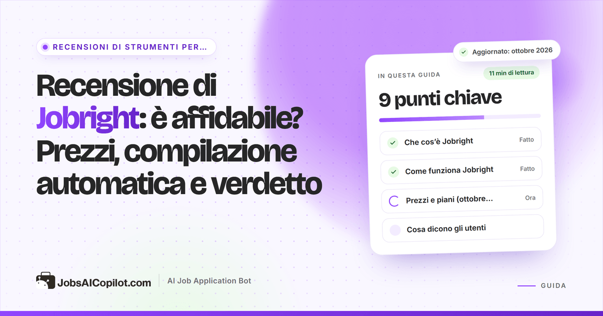 Copertina della recensione di Jobright: è affidabile? Prezzi, compilazione automatica e verdetto, con una checklist