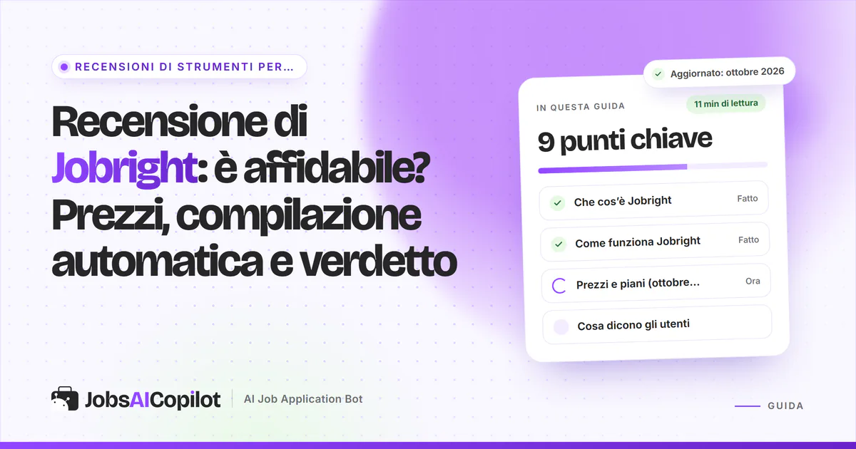 Copertina della recensione di Jobright: è affidabile? Prezzi, compilazione automatica e verdetto, con una checklist