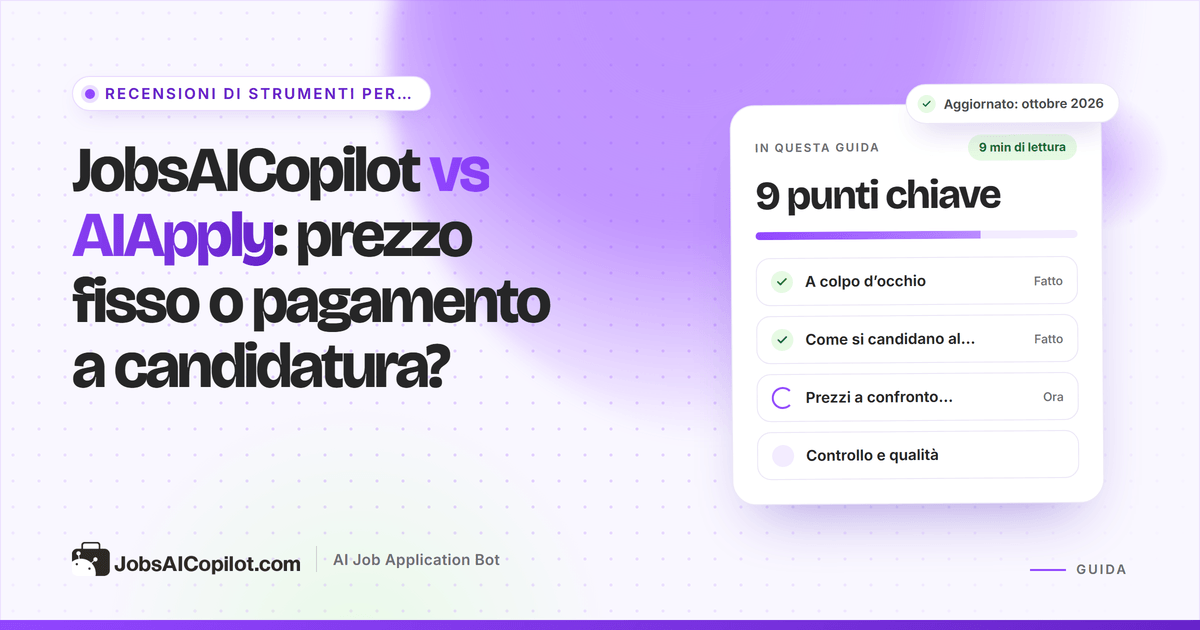 Copertina del confronto JobsAICopilot vs AIApply: prezzo settimanale fisso contro crediti a pagamento per candidatura