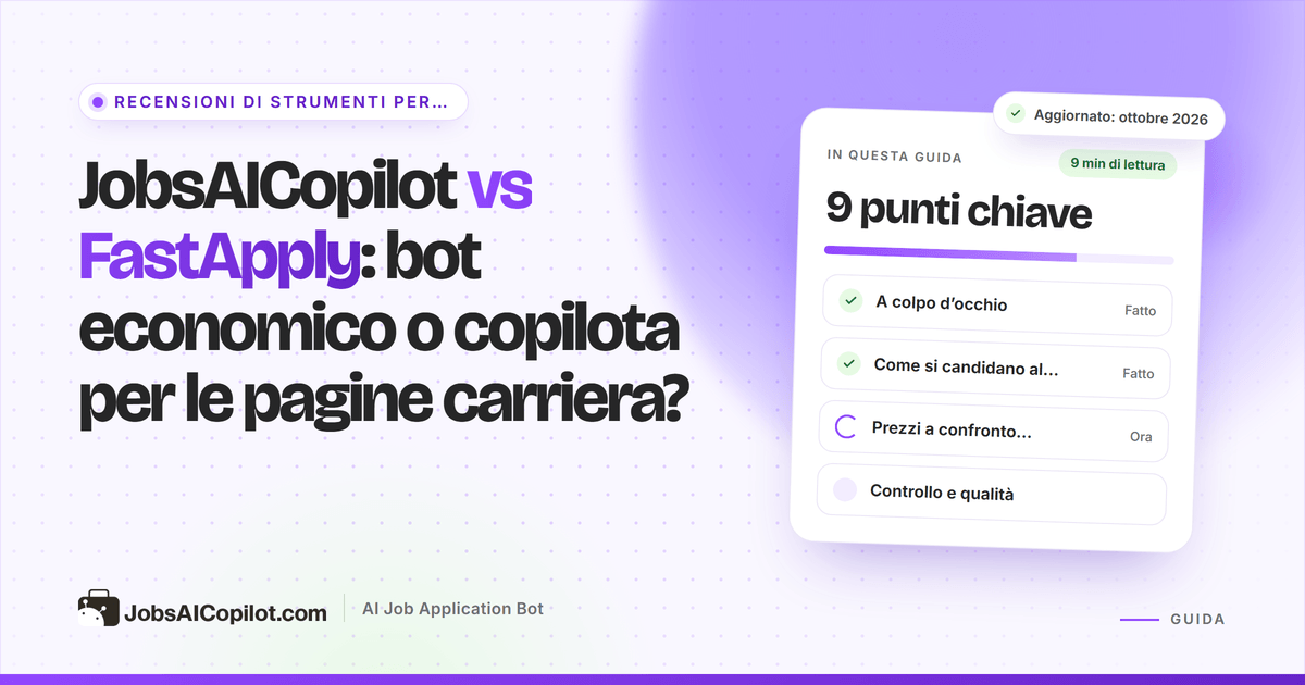 Copertina del confronto JobsAICopilot vs FastApply: pannello di un’estensione accanto a una coda di candidature