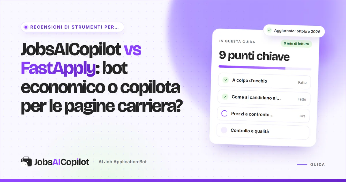 Copertina del confronto JobsAICopilot vs FastApply: pannello di un’estensione accanto a una coda di candidature