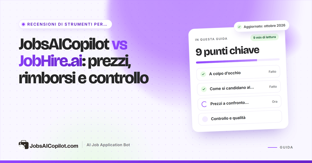Copertina del confronto JobsAICopilot vs JobHire.ai: prezzi pubblici e non, rimborsi e limiti giornalieri