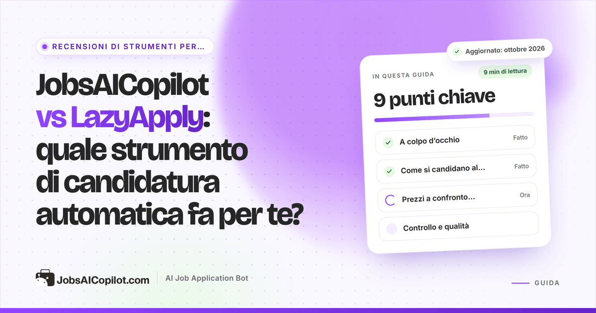Copertina del confronto JobsAICopilot vs LazyApply: prezzi annuali e settimanali, limiti giornalieri e checklist di revisione
