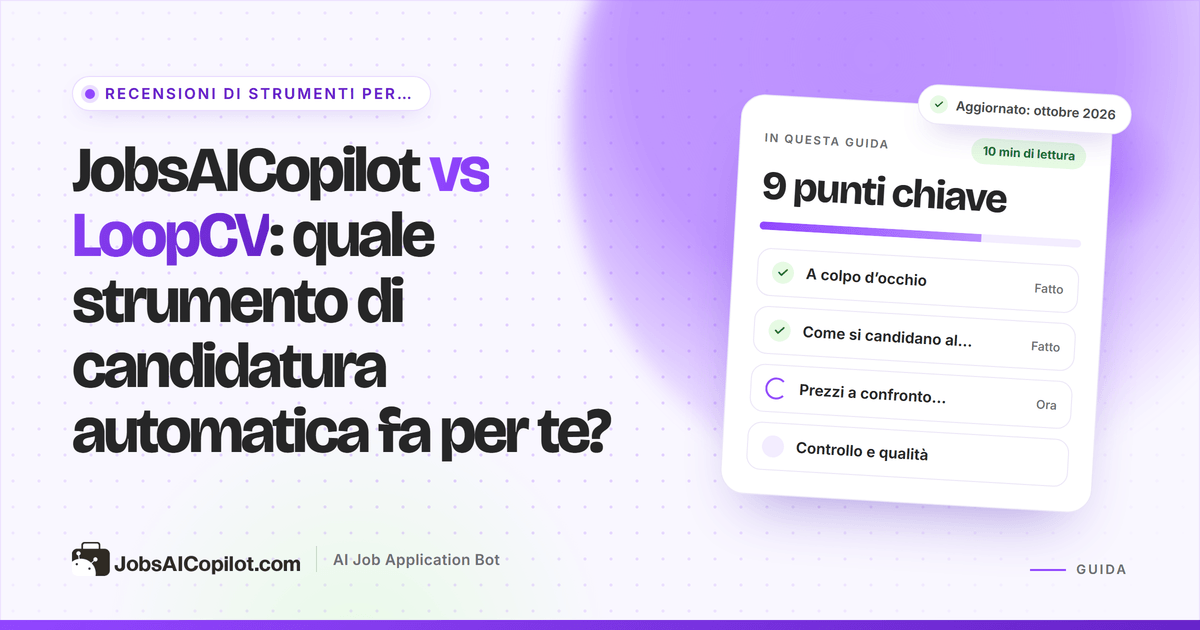 Copertina del confronto JobsAICopilot vs LoopCV: due colonne con prezzi, limiti giornalieri e controlli di revisione