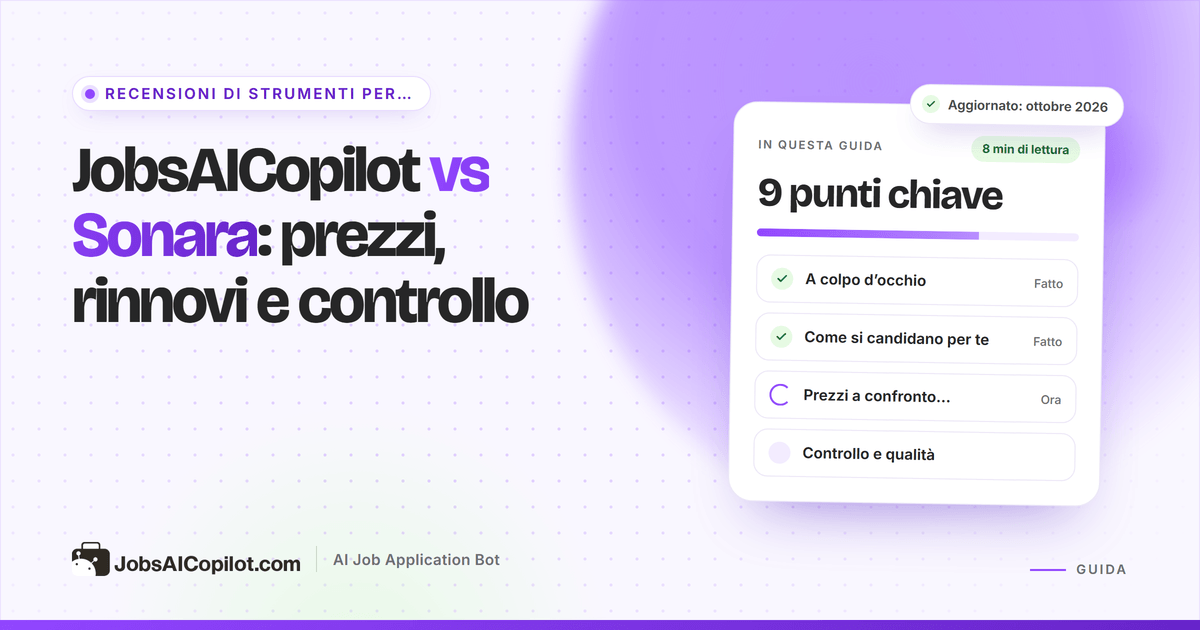 Copertina del confronto JobsAICopilot vs Sonara: schede affiancate su prezzi, rinnovi e controlli di approvazione