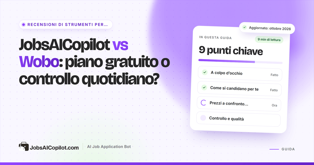 Copertina del confronto JobsAICopilot vs Wobo: schede da scorrere accanto a una coda giornaliera con approvazioni