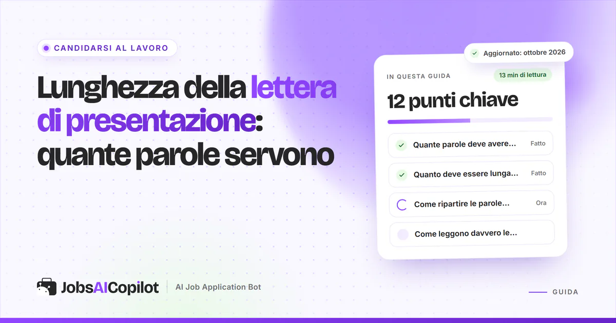 Lunghezza della lettera di presentazione: una lettera di una pagina con l’indicazione da 250 a 400 parole su sfondo viola