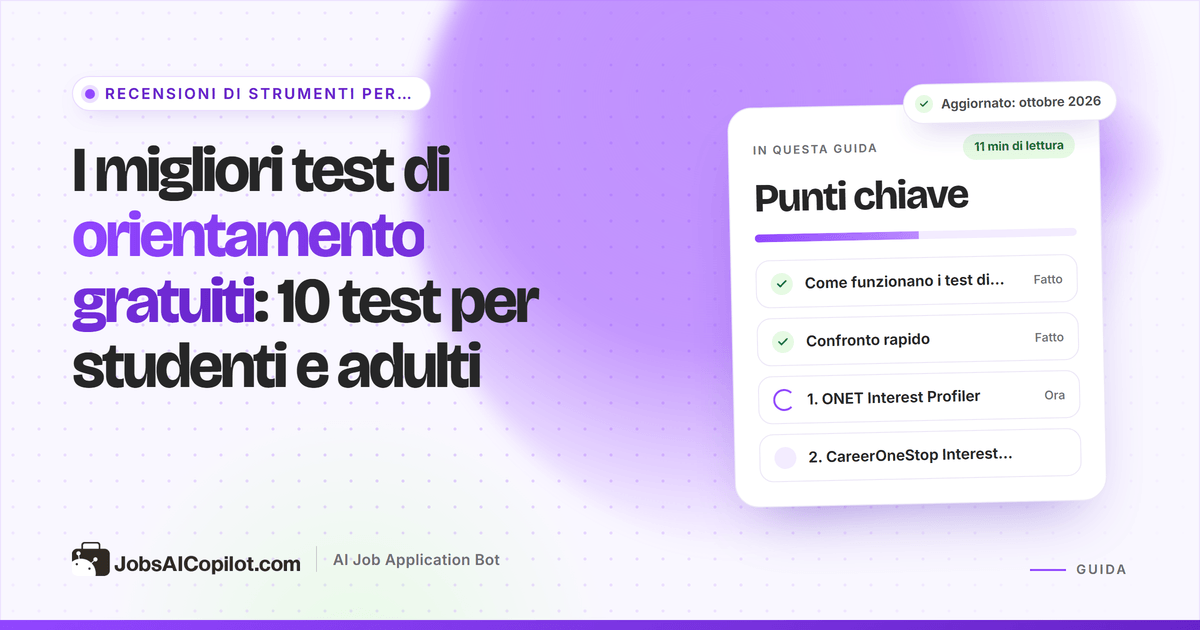 Studente che fa un test di orientamento online gratuito con i risultati RIASEC e le professioni compatibili sullo schermo