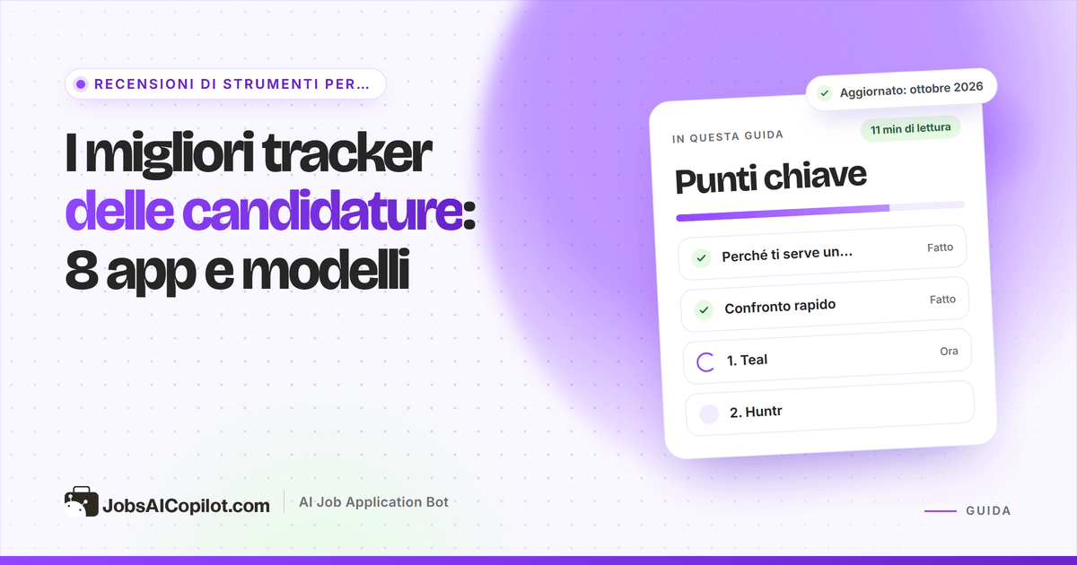 Tracker delle candidature in stile kanban con colonne salvata, inviata, colloquio e offerta accanto a un foglio di calcolo