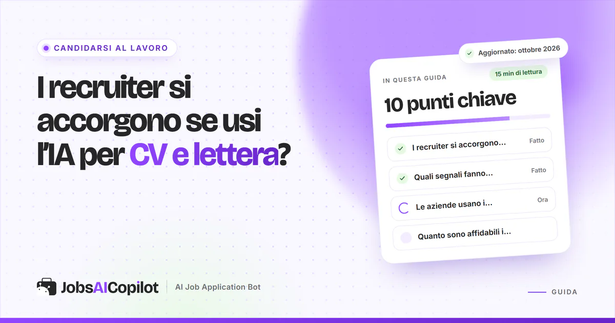 I recruiter si accorgono se usi l’IA: un CV e una lettera di presentazione sotto una lente su sfondo viola JobsAICopilot