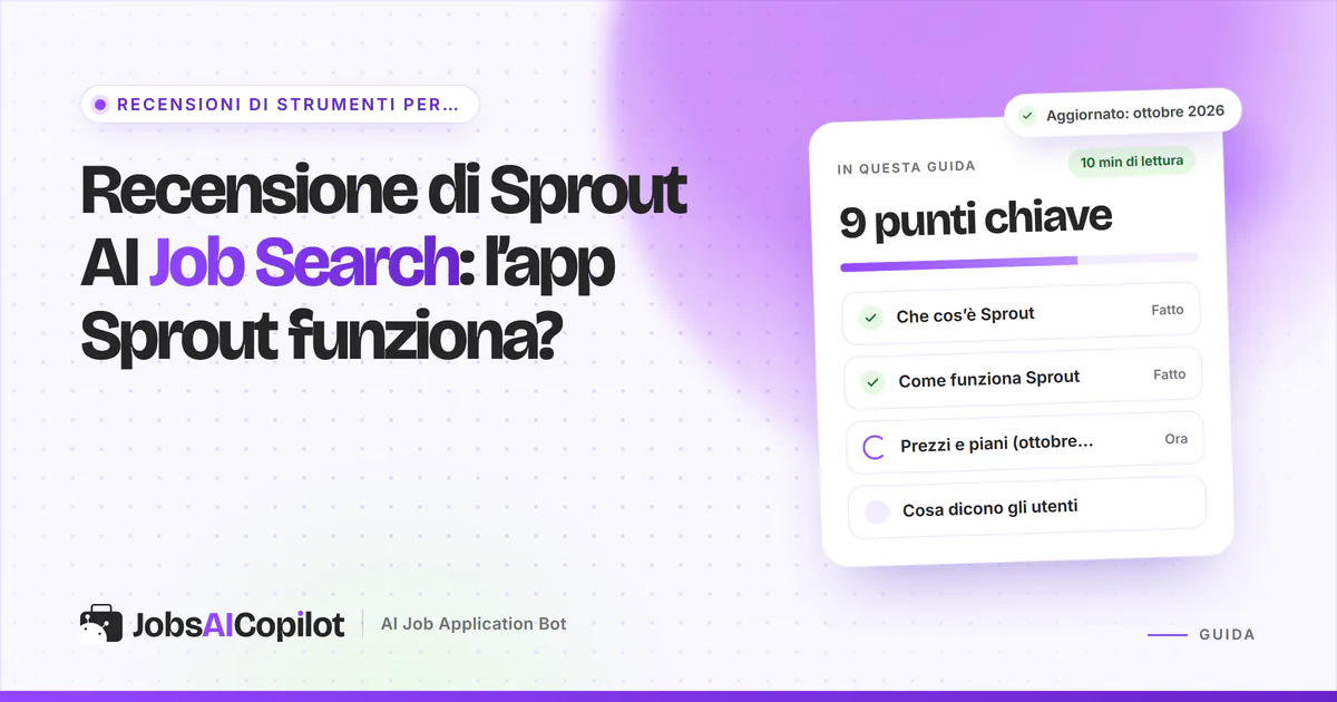 Copertina della recensione di Sprout AI Job Search: l’app Sprout funziona? Accanto a una checklist del verdetto