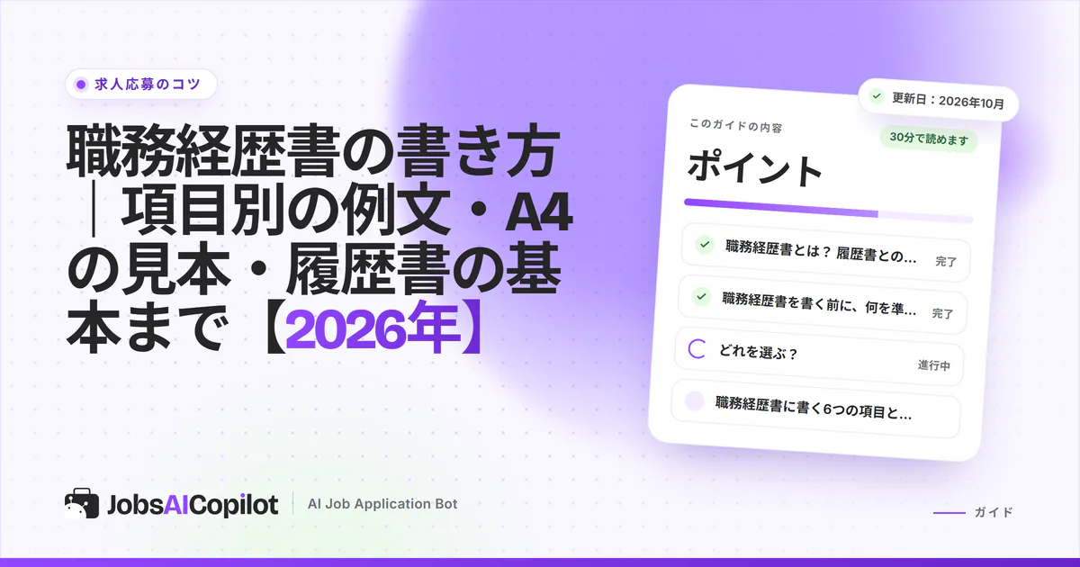 職務経歴書の書き方：職務要約・職務経歴・自己PRを項目別に整理した書類が並ぶ紫色のカバー