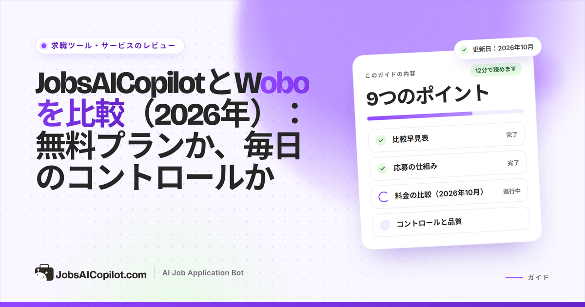 JobsAICopilotとWoboの比較カバー：スワイプで応募するカードと、承認付きの毎日の応募キュー