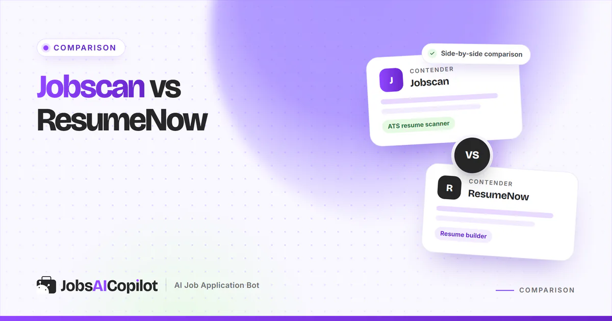 Jobscan vs ResumeNow comparison cards with a VS badge on a violet JobsAICopilot cover