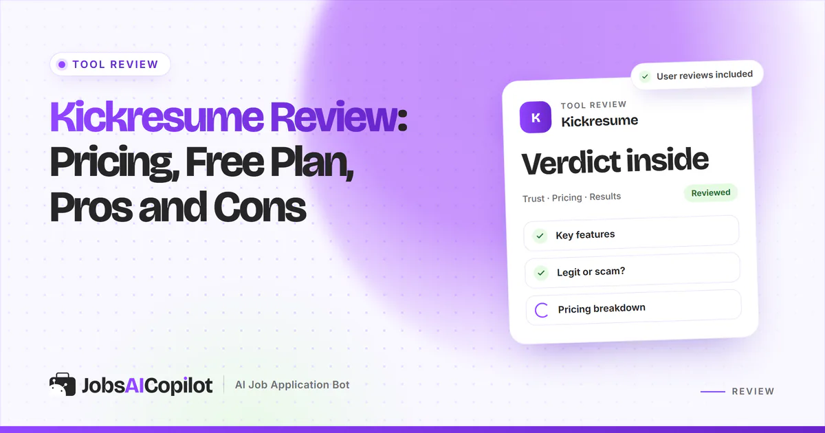 Kickresume review card covering the free plan, 2026 pricing, refund terms and user ratings on a violet JobsAICopilot cover