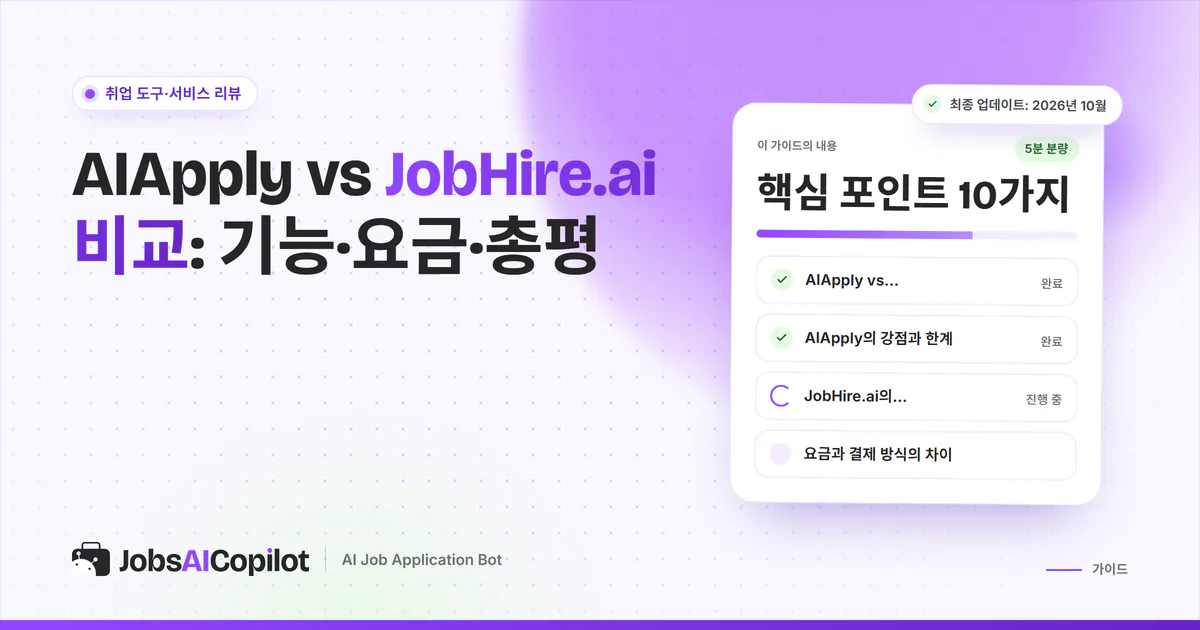 AIApply vs JobHire.ai 비교 표지: 각 도구의 강점과 한계, 요금, 계정 안전성 체크리스트