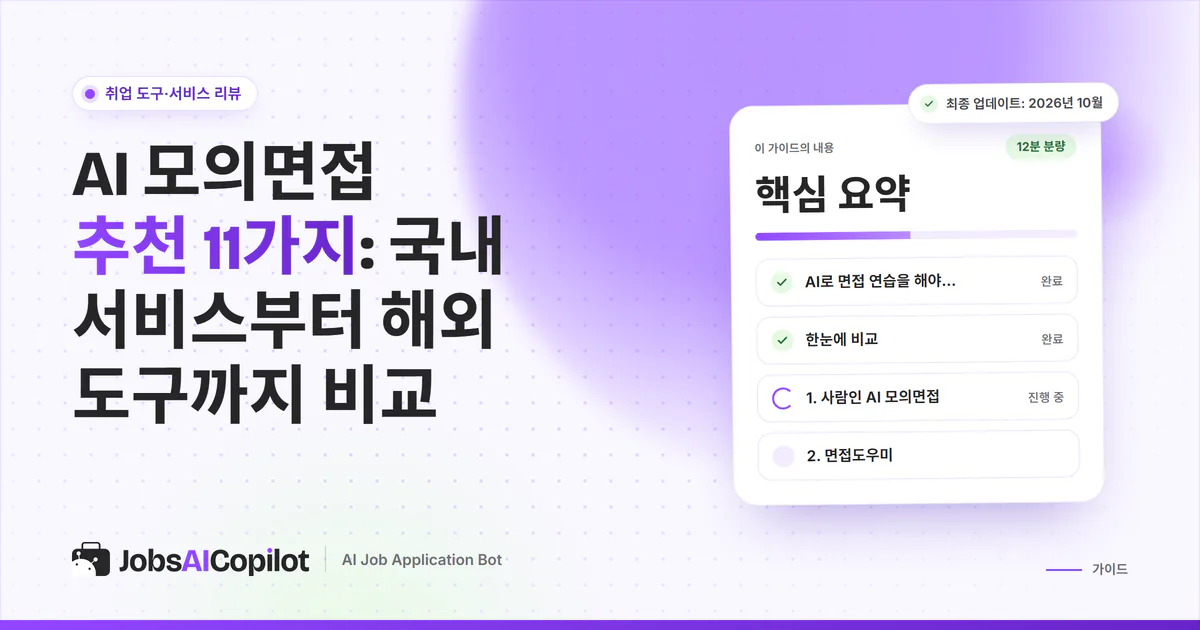 AI 모의면접 도구 11가지 비교 표지: AI로 연습하는 이유, 비교표, 활용법 체크리스트