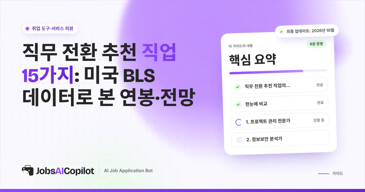 직무 전환 추천 직업 15가지 표지: 데이터 출처, 직업 비교표, 직업별 전환 경로 체크리스트