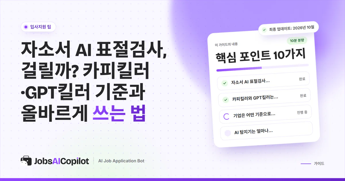 자소서 AI 표절검사 표지: 돋보기 아래 놓인 자기소개서와 검사 결과 화면이 담긴 보라색 JobsAICopilot 디자인