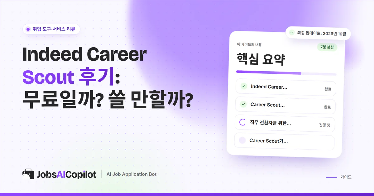 Indeed Career Scout 후기 표지: 무료 AI 커리어 도우미의 기능, 개인정보, 한계, 대안 체크리스트