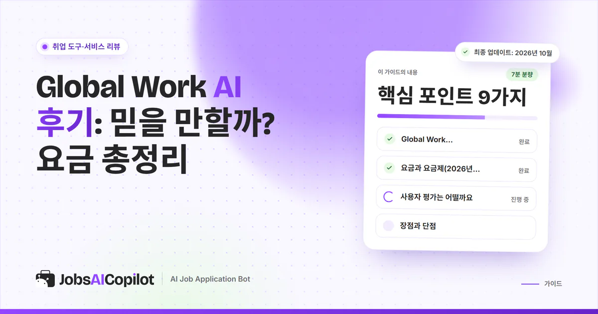 Global Work AI 후기 표지: 작동 방식, 요금과 갱신 조건, 사용자 평가, 총평 체크리스트