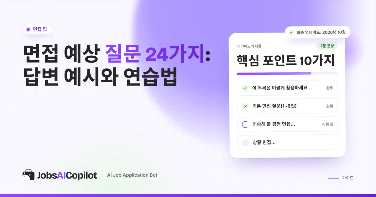 면접 예상 질문 24가지 표지: 기본 질문, 경험 면접, 상황 면접, 케이스 질문 체크리스트