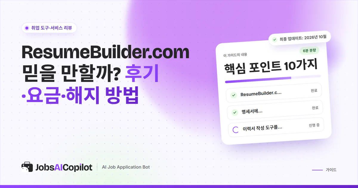 ResumeBuilder.com 신뢰성 점검 표지: 요금, 해지와 환불, 카드 명세서 표기, 사용자 후기