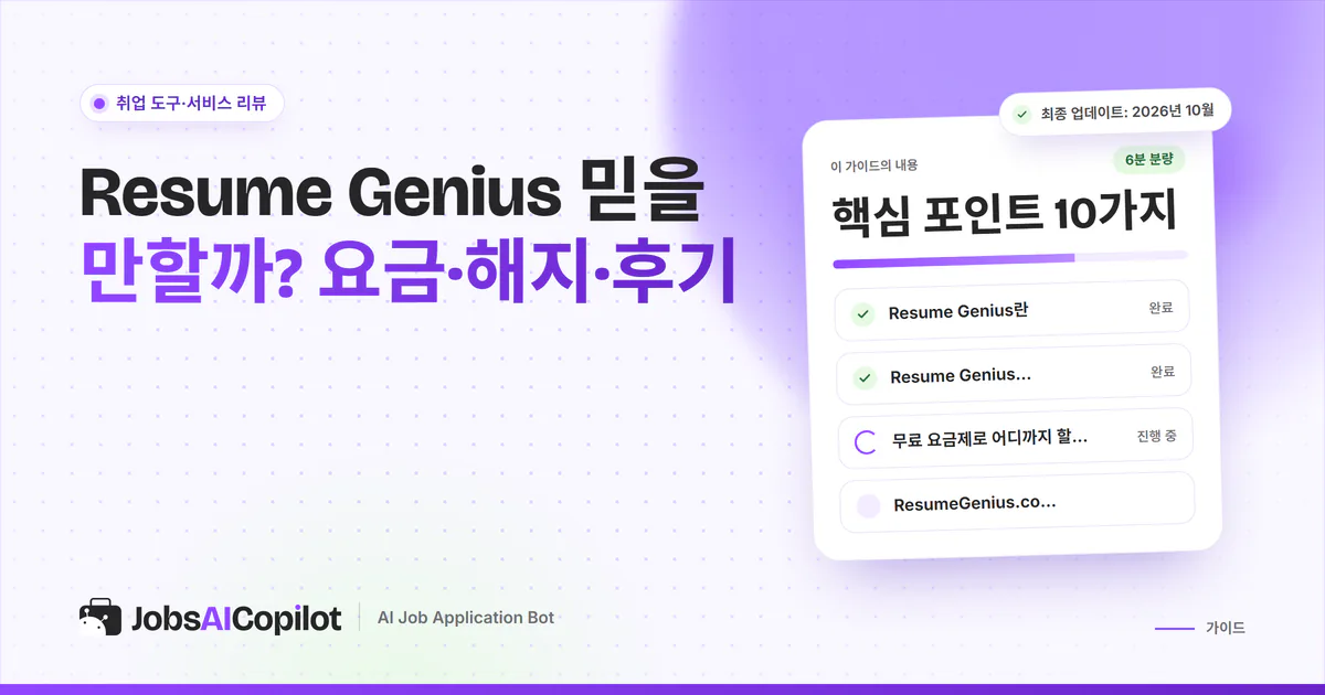 Resume Genius 신뢰성 점검 표지: 요금, 무료 플랜 범위, 해지·환불 방법, 사용자 후기