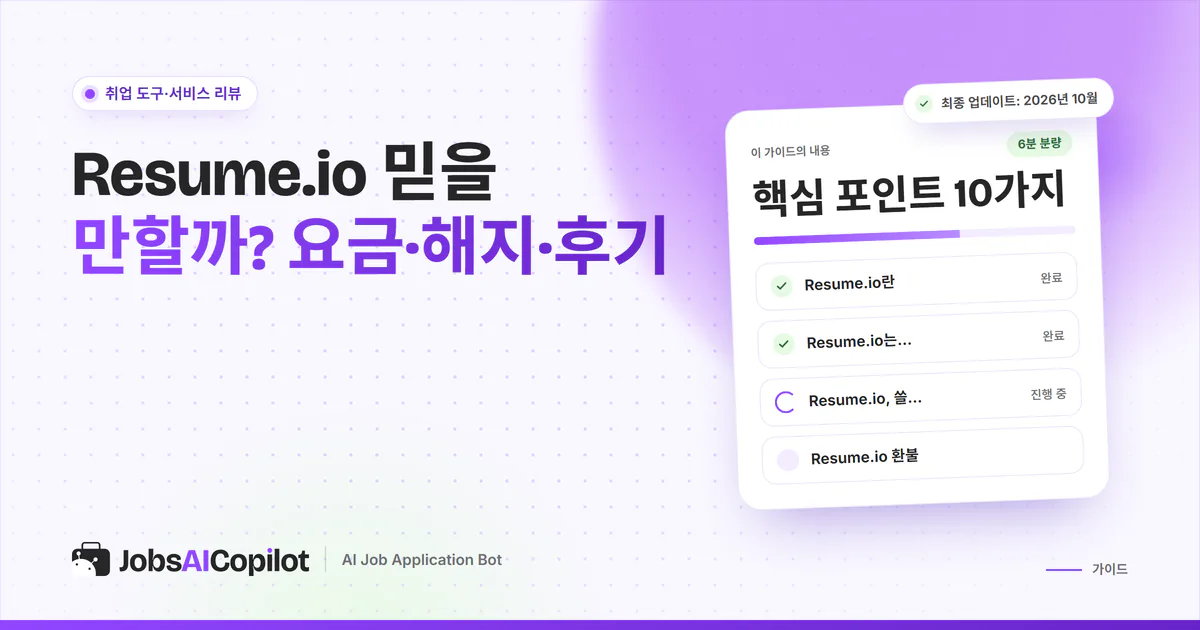 Resume.io 신뢰성 점검 표지: 무료 플랜, 갱신 요금, 두 가지 환불 약속, 해지 방법