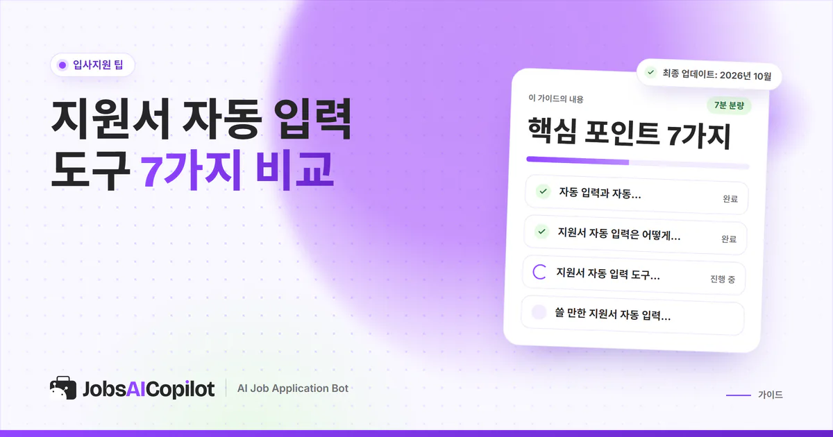 지원서 자동 입력 도구 비교 표지: 자동 입력과 자동 입사지원의 차이, 작동 방식, 비교표