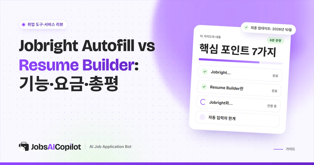 Jobright Autofill vs Resume Builder 비교 표지: 무료와 Turbo, 비교표, 제출 버튼은 누가 누를까
