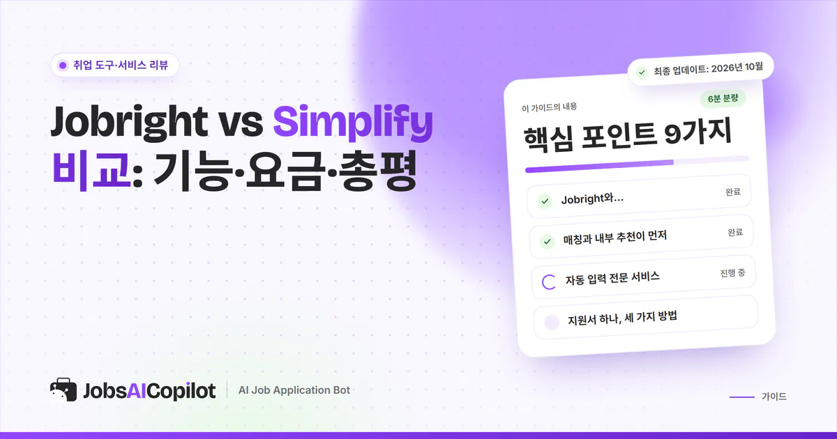 Jobright vs Simplify 비교 표지: 매칭과 리퍼럴, 자동 입력, 계정 안전성, 선택 기준