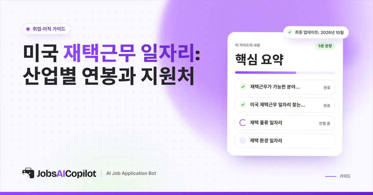 미국 재택근무 일자리 표지: 재택 친화 분야, 채용공고 찾는 곳, 세금·법률 기초 체크리스트