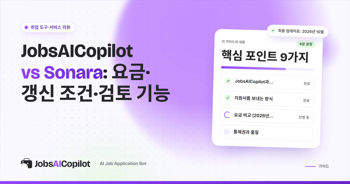 JobsAICopilot vs Sonara 비교 표지: 요금, 갱신 조건, 승인 기능을 나란히 비교한 카드