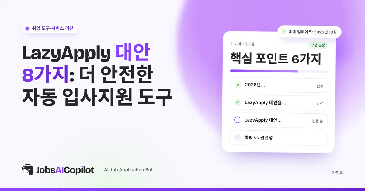 LazyApply 대안 표지: 2026년 LazyApply 현황, 대안 비교표, 지원량과 적합도 체크리스트
