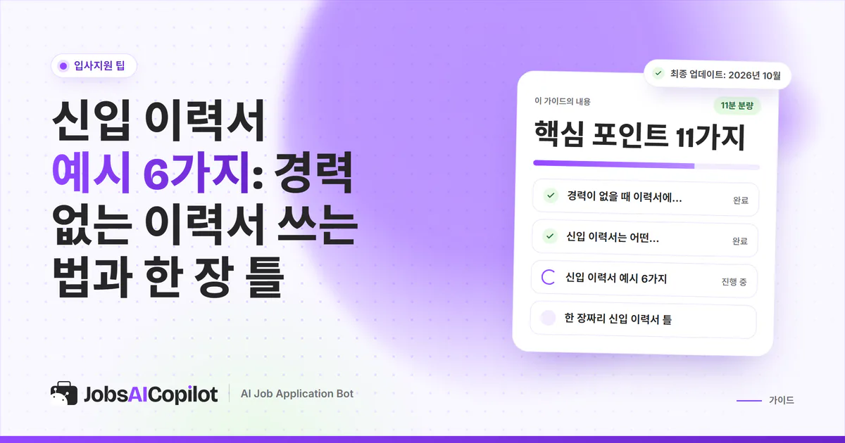 신입 이력서 예시 표지: 한 페이지 이력서에 학력과 활동 항목이 정리된 보라색 JobsAICopilot 디자인